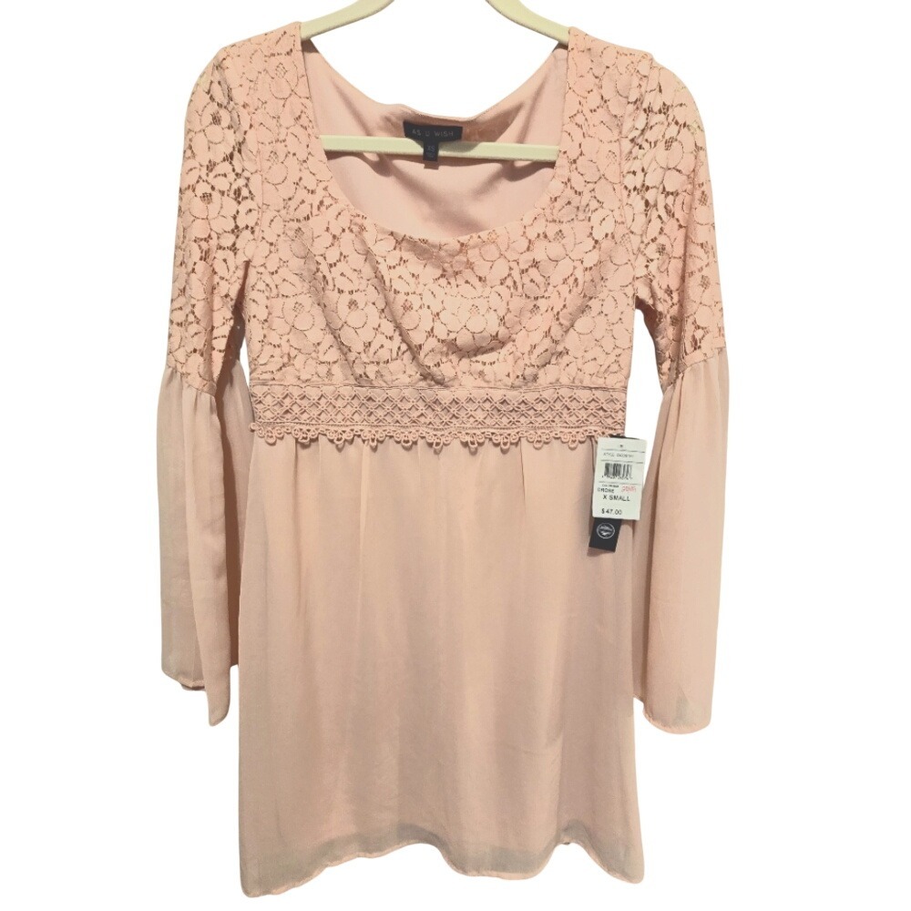 As U Wish Dusty Rose Lace Chiffon Bell Sleeve Mini Dress/Tunic XS